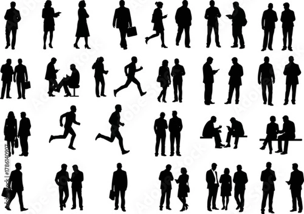 Fototapeta Collection of Black Silhouettes of People in Various Poses and Activities Demonstrating Business and Lifestyle Scenarios