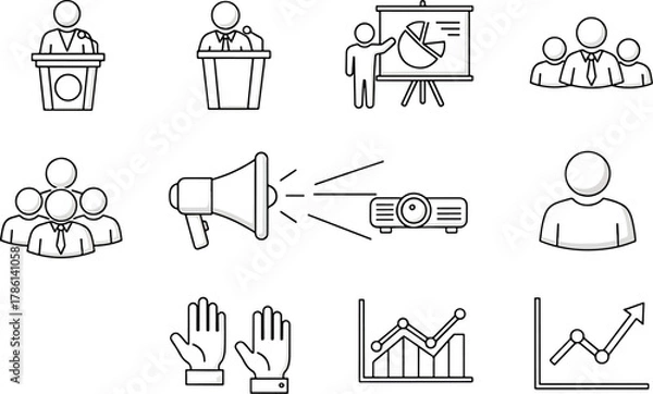 Fototapeta Collection of Business and Presentation Icons Featuring Speakers, Graphs, Teamwork, and Communication Tools