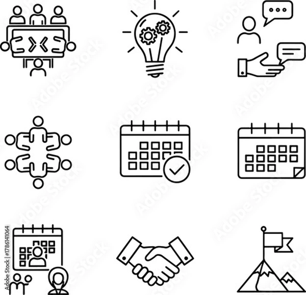 Fototapeta Collection of Business Icons and Symbols depicting teamwork, strategy, planning, idea generation, and successful collaboration for corporate use