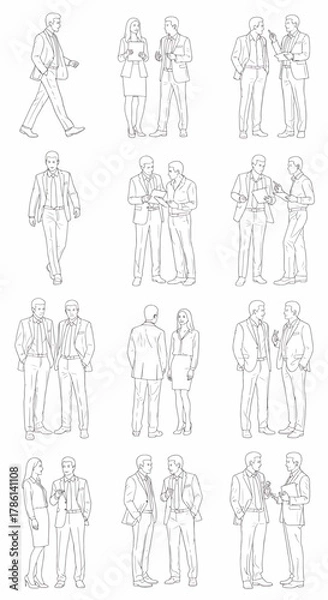Fototapeta Collection of business people in formal attire interacting in various professional scenarios, line art illustration style