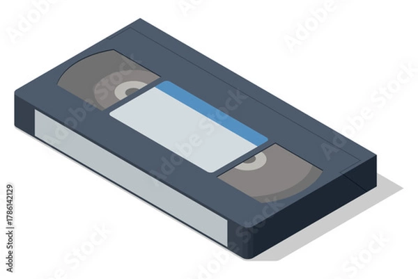 Obraz An isometric illustration of a classic VHS video cassette tape, a vintage medium for movie and video record, symbolizing retro media and 80s-90s technology