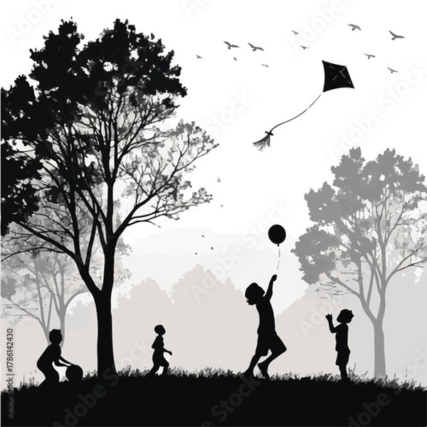 Fototapeta Children playing with kite and balloon in a park silhouette Keywords: children, playing, kite, balloon, park, silhouette, outdoors, recreation, childhood, fun, summer, activity, freedom, joy