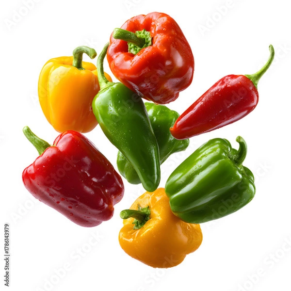 Fototapeta Vibrant Bell Peppers and Jalapeno in Mid-Air Isolated Image