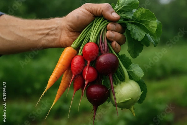 Fototapeta A person’s hand holding a bunch of fresh, vibrant vegetables including carrots, radishes, beets, and kohlrabi, with droplets of water, set against a green, farm-like background