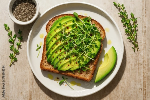Fototapeta A healthy avocado toast with sliced avocado, microgreens, and a drizzle of olive oil, served on whole grain toast with a slice of fresh avocado and a sprinkle of chili flakes