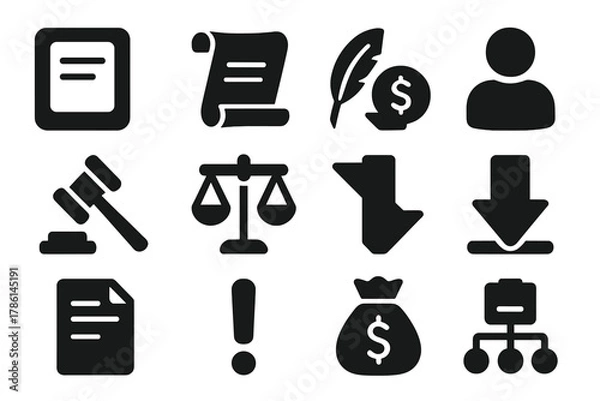 Fototapeta Ancient Debt Forgiveness Icons. Solid style icons of ancient debt forgiveness laws: tablet, scroll, quill, coin, human silhouette,