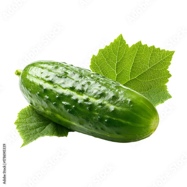 Fototapeta Fresh Green Cucumber with Leaf Isolated on White Background for Food and Health Industry