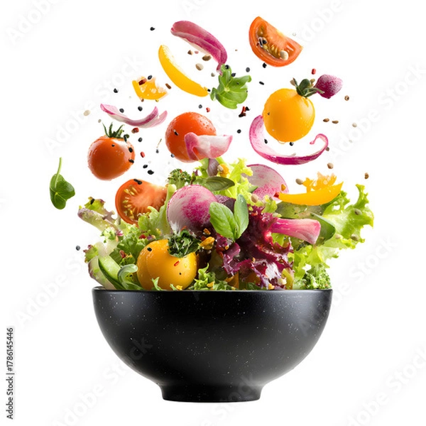 Fototapeta Vibrant Colorful Salad Ingredients in Motion for Healthy Cooking Inspiration