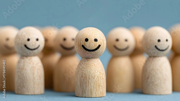 Fototapeta Funny wooden dolls with painted faces on a white background illustrate a family concept