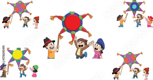 Obraz Happy children playing traditional piñata game with colorful star piñata, festive cartoon illustration of kids celebrating birthday or holiday party