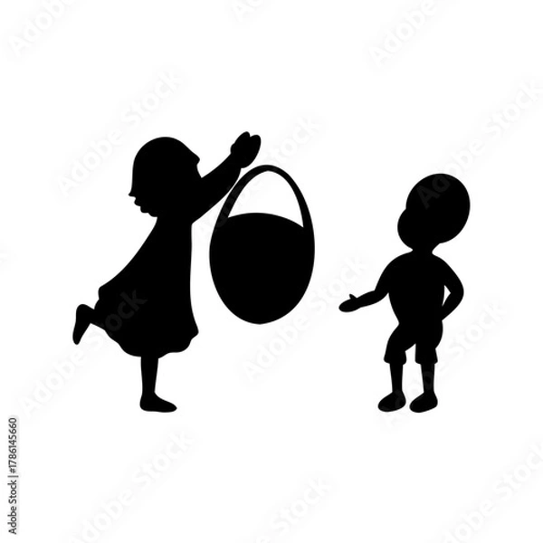 Fototapeta Two children playing with a basket in a black silhouette style