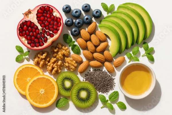 Fototapeta A vibrant assortment of healthy foods, including pomegranate, avocado, kiwi, almonds, walnuts, blueberries, orange slices, chia seeds, and honey