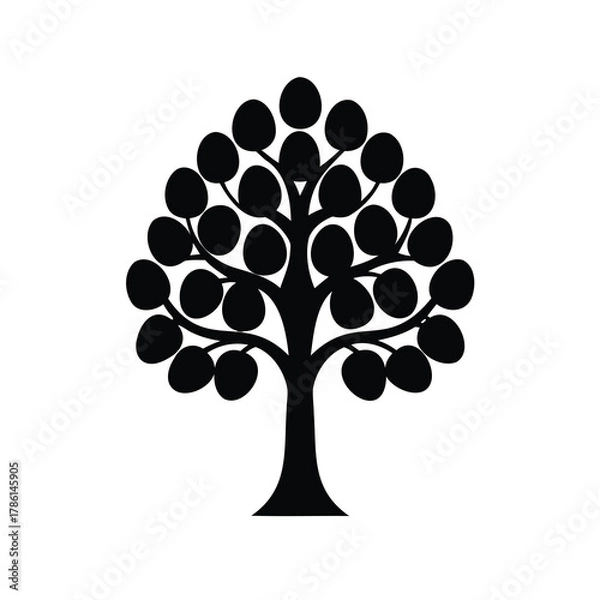 Fototapeta Stylized Black Tree with Circular Leaves on a White Background Simple Design