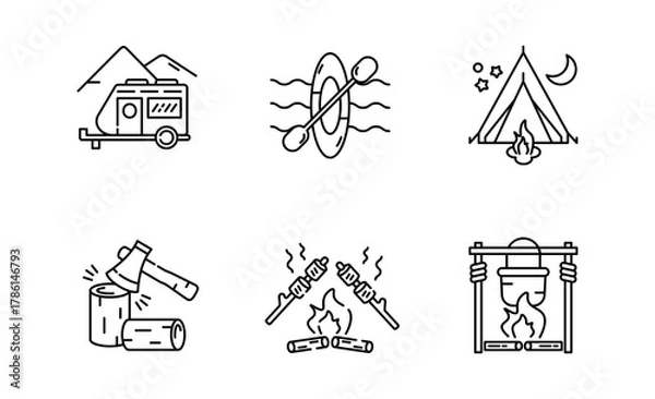 Fototapeta Set of Camping and Trekking icon, Marshmallow and Camper, Kayak and Tent, outdoor adventure thin line and pixel Symbol Outline icon Editable Stroke