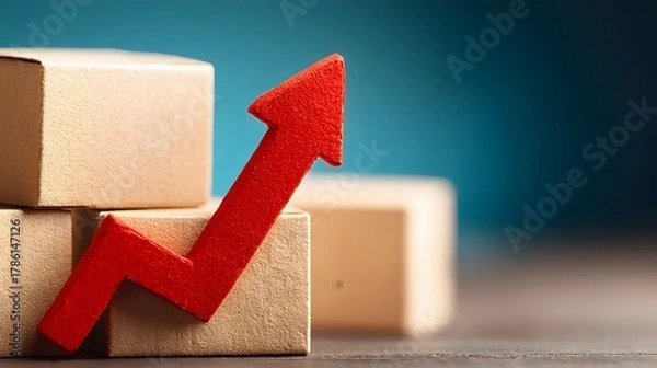 Fototapeta Red arrow 3d icon symbol showing success and growth direction on a white background stock image