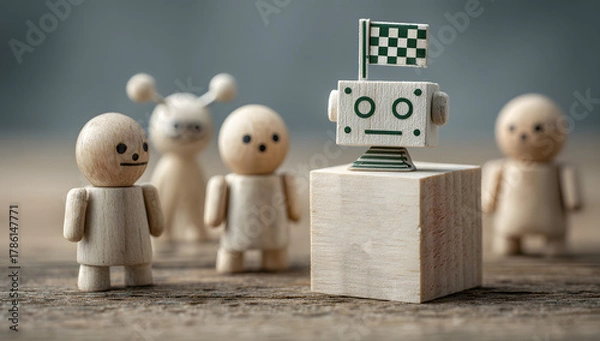 Fototapeta AI Leadership Concept. Robot Figure with Flag Elevated Above Observing Human Figures