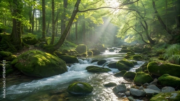 Fototapeta Sunbeams pierce lush forest canopy illuminating a vibrant mossy stream flowing over smooth rocks in serene natural beauty