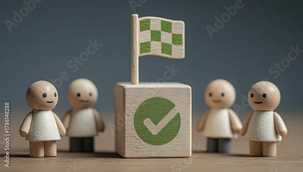 Fototapeta Team Goal Achievement Concept.  Small Group Celebrates Project Completion Checkmark