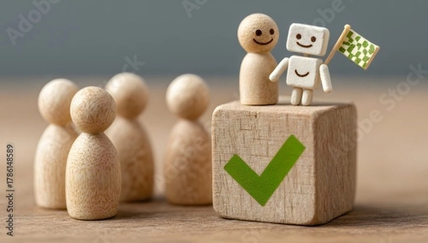 Fototapeta Human and AI Partnership concept. Integrated Success with Checkmark Block and Goal Flag