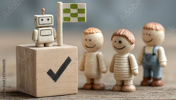 Fototapeta AI Achievement concept. Robot Figure on Success Block with Checkmark and Goal Flag