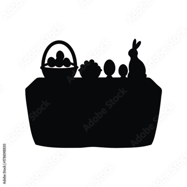 Obraz Silhouette of Easter Basket, Bunny and Eggs on a Table Illustration