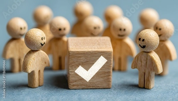 Fototapeta Happy Wooden Toy People with Checkmark Icon on Decision Box