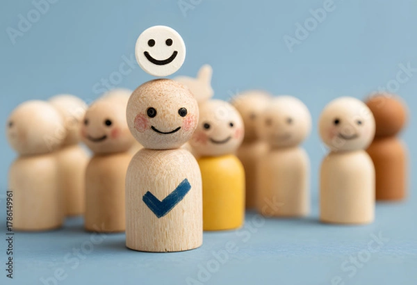 Fototapeta Wooden Toy People with Happy Faces and Checkmark Icons on a Wooden Box. Family group of colorful wooden toy figures on a white background 