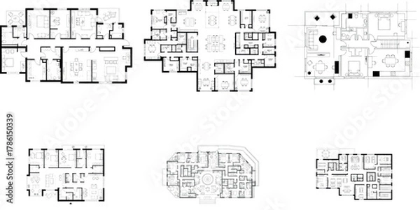 Fototapeta Six diverse architectural floor plans showcasing different housing layouts