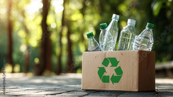 Fototapeta A cardboard box with a green recycling symbol inside contains used clear plastic water bottles. Eco-friendly concept