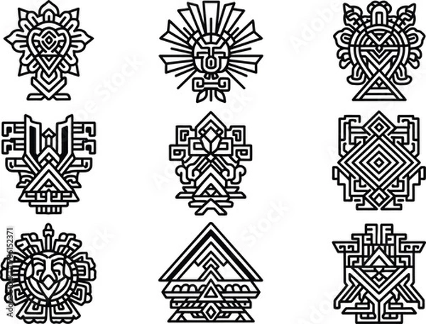 Fototapeta Set of aztec and maya ancient tribal god and geometric symbols. native american decorative emblems and abstract elements for tattoo and logo design.