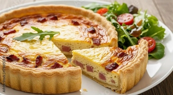 Fototapeta Quiche Lorraine with golden crust, sliced and styled with salad on plate