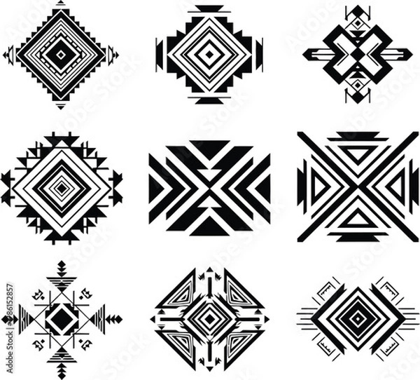 Fototapeta Set of geometric abstract aztec and native american tribal rhombus symbols. decorative ethnic pattern elements for tattoo, logo, and textile design in black and white vector art.