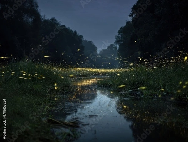 Fototapeta Enchanting twilight landscape of a winding river surrounded by lush green foliage, illuminated by a myriad of twinkling fireflies creating a serene and mystical ambiance.