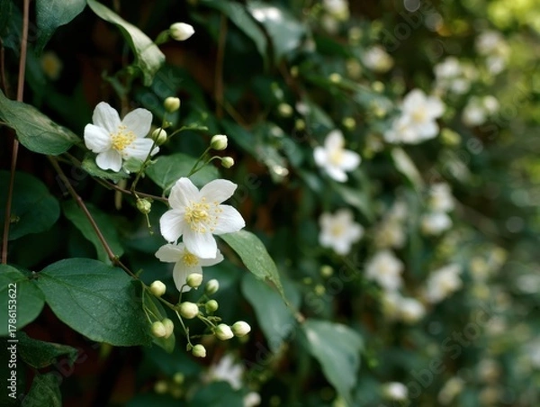 Fototapeta Close-up of vibrant white jasmine blossoms with yellow centers, growing on a branch surrounded by lush green leaves and unopened buds, under bright daylight.