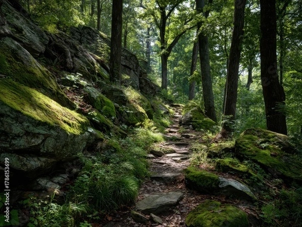 Fototapeta Lush Forest Trail with Sunlit Mossy Rocks and Towering Trees, Serene Woodland Path Winding Through Verdant Landscape, Nature's Green Embrace, Peaceful Woodland Hike