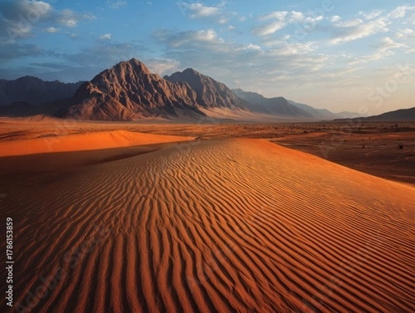 Fototapeta Desert Sand Dunes Mountain Landscape - Sunset Desert Scenery With Rippled Sand - Vast Arid Landform With Blue Sky - Nature Outdoors Wilderness View - Stunning Desert Environment