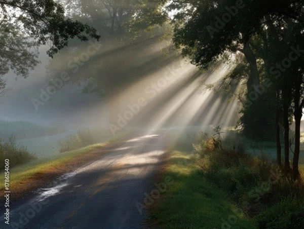 Fototapeta Sunlight rays penetrate misty forest morning creating dramatic light and shadow play on road, enchanting natural landscape, serene woodland path at dawn, peaceful rural scene