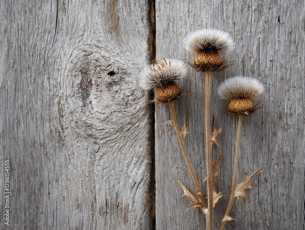 Fototapeta Vertical rustic arrangement of three dried thistle flowers with long stems and feathery seed heads, artfully placed against a weathered wooden background with prominent grain.