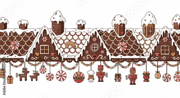 Obraz A festive seamless border with gingerbread houses, adorned with white icing and Christmas ornaments, ideal for seasonal designs.