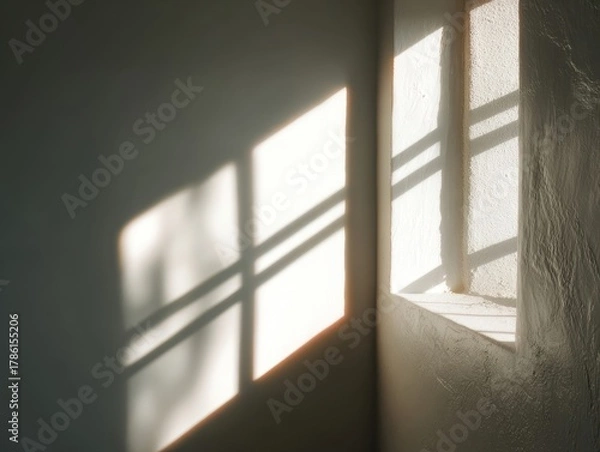 Fototapeta Sunlight streaming through window creating intricate shadow patterns on textured walls dramatic interplay light shadow transforming ordinary room into captivating visual experience 