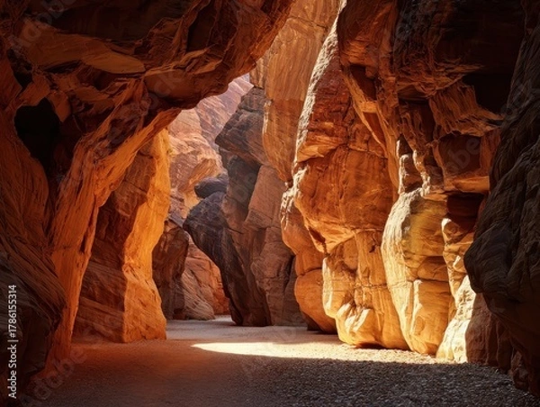 Fototapeta Expansive Slot Canyon Passage with Sunlight Illumination and Layered Sandstone Walls
