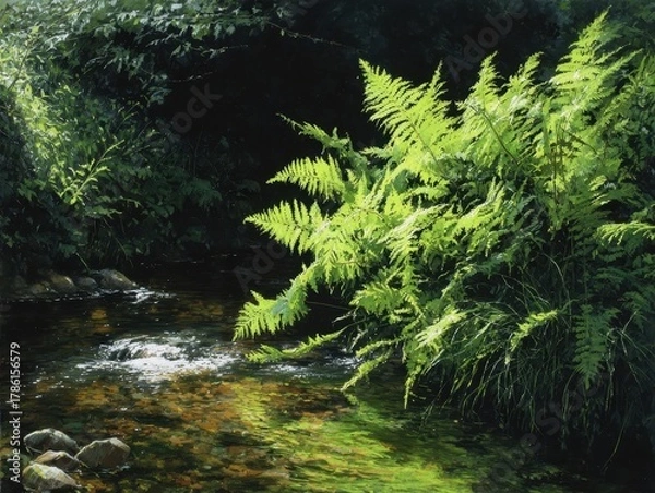 Fototapeta Bright Green Ferns Overhanging a Rushing Forest Stream Dappled Sunlight on Water and Foliage Lush Woodland Setting Nature Scene