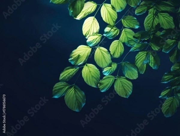 Fototapeta Cascading Green Leaves with Golden Light Edges Against Deep Blue Background - Elegant Botanical Display