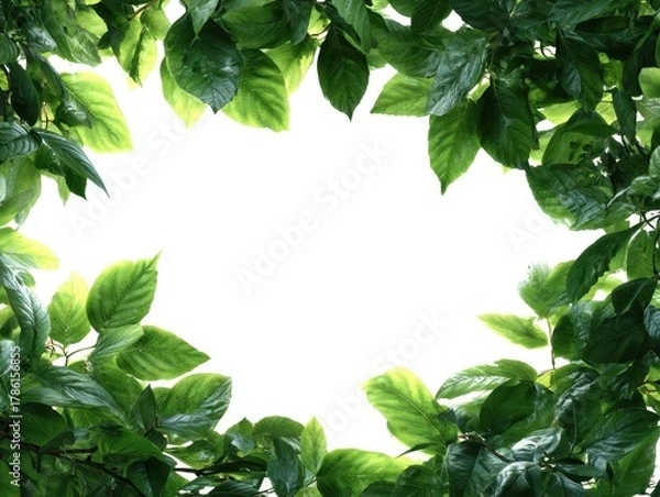 Fototapeta Lush Green Leaves Framing White Central Space, Dark Green Foliage Border on Blank Background, Natural Leafy Frame for Copy Space, Vibrant Plant Backdrop, Overhead View of Dense Canopy
