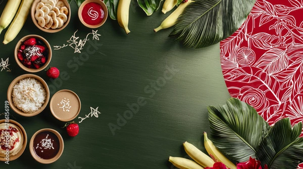 Fototapeta Banana bowl breakfast with tropical leaves and red pattern, fresh fruit and bowls creating warm