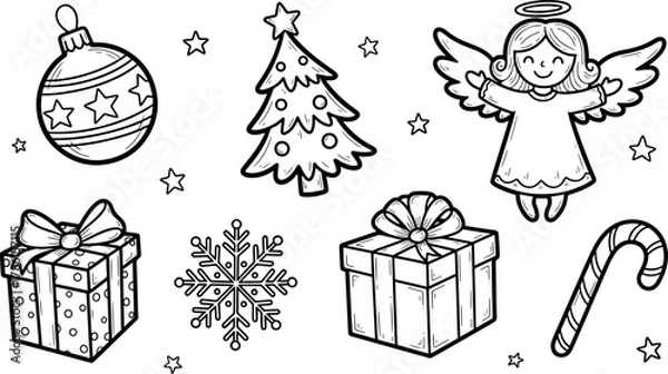 Obraz Christmas Hand Drawn Sketch Elements Collection, Including Angel, Tree, Gift Box, Ornament, Candy Cane, Snowflake