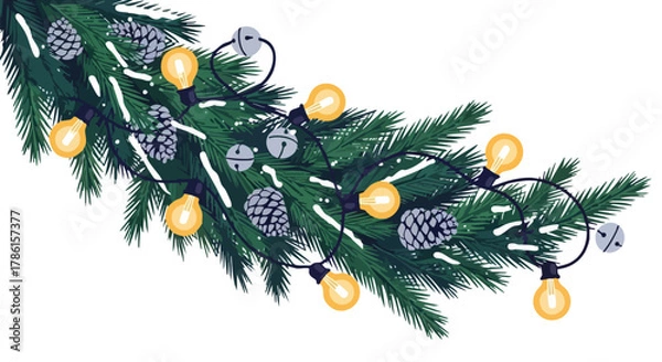 Obraz A beautifully illustrated festive fir branch adorned with glowing string lights, frosted pine cones, and delicate silver bells, evoking the spirit of winter holidays.