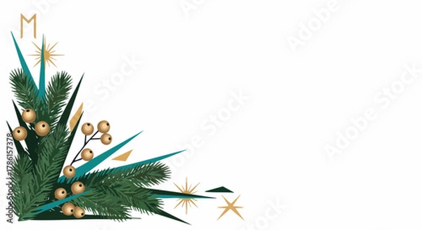 Obraz Elegant corner design featuring lush evergreen foliage, shimmering golden berries, and modern geometric accents, perfect for festive holiday greetings or winter season projects.