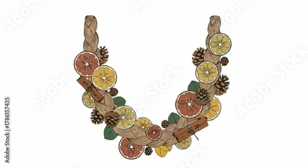 Obraz A charming handcrafted garland, artfully arranged with dried citrus slices, fragrant cinnamon sticks, and rustic pinecones, perfect for festive seasonal decoration.