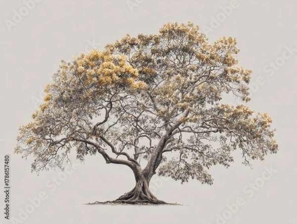 Fototapeta Grand deciduous tree with broad canopy and delicate yellow-golden leaves, isolated against a pale gray background, expansive autumn foliage, botanical artwork